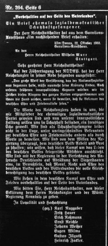 Der Brief im Staatsanzeiger für Württemberg, mit dem sich Karl Ruggaber und sieben weitere SPD-Genossen mit dem NS-Regime solidarisiert haben sollen.